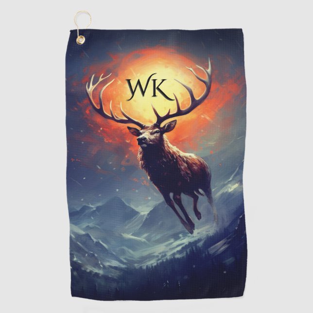Serviette De Golf Montagne Monogram Buck fuyant l'incendie (Devant)