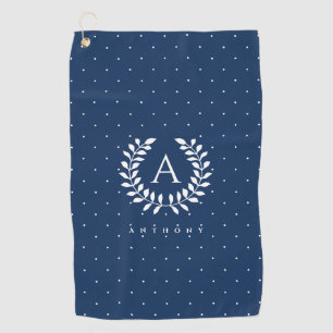 Serviette De Golf Motif à pois monogramme laurier blanc sur bleu