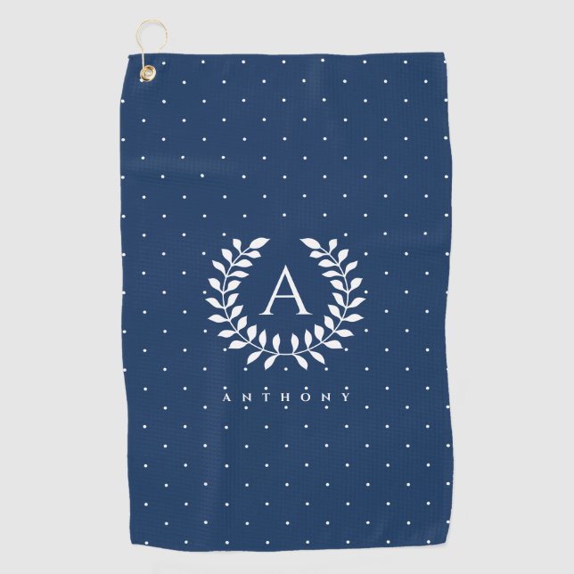 Serviette De Golf Motif à pois monogramme laurier blanc sur bleu (Devant)