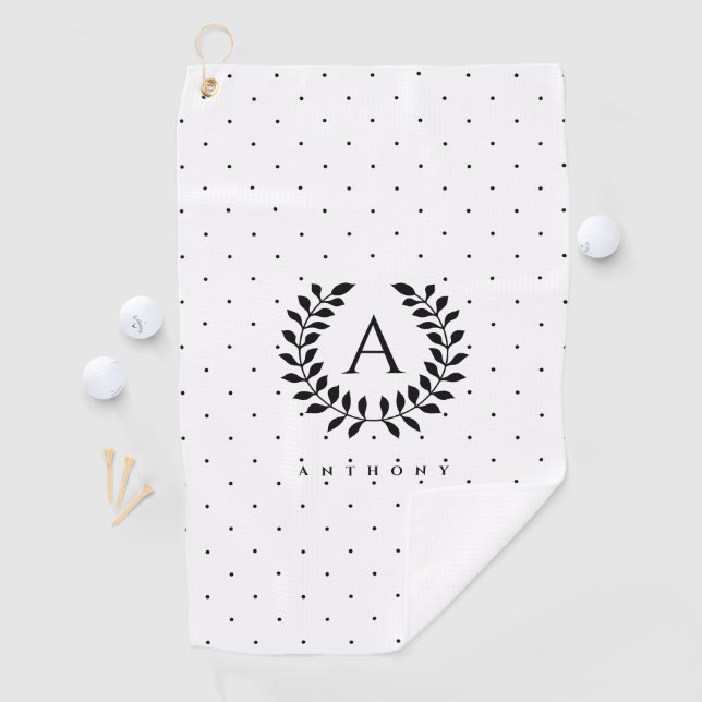 Serviette De Golf Motif à pois monogramme laurier noir et blanc (En situation)