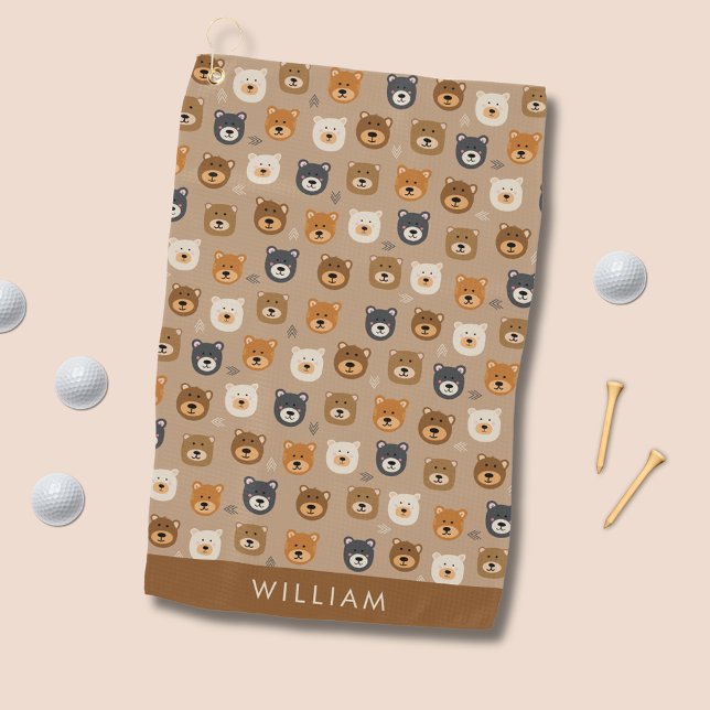 Serviette De Golf Motif à tête d'ours en peluche mignon (Cute bear head patterned golf towel.  Customize with your own name, initials or choice of text.)