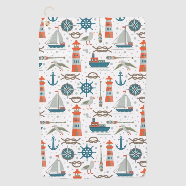 Serviette De Golf Motif blanc gris turquoise sur le thème nautique (Devant)
