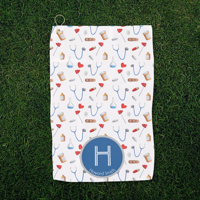 Serviette De Golf Motif bleu monogrammé docteur  (Créateur téléchargé)