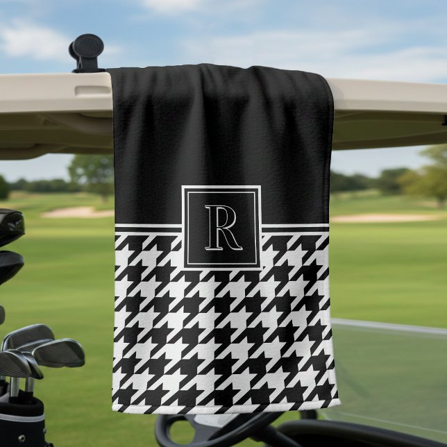 Serviette De Golf Motif chien dentelle à monogramme noir et blanc (Monogram Houndstooth Pattern Black & White Golf Towel
)