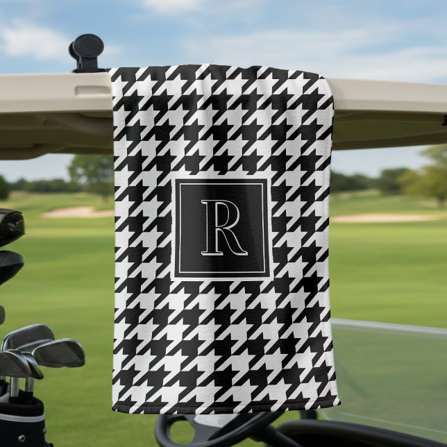 Serviette De Golf Motif damier monogrammé noir et blanc (Monogram Houndstooth Pattern Black & White Golf Towel
)