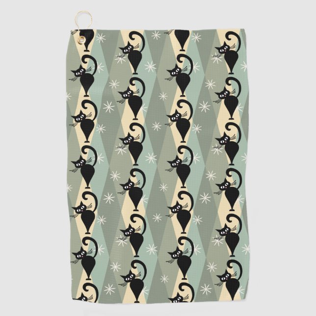 Serviette De Golf Motif de chat noir du milieu du siècle (Devant)