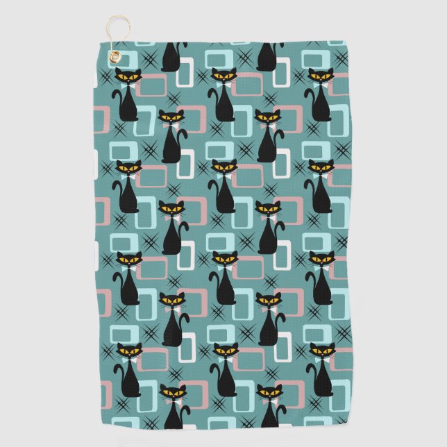 Serviette De Golf Motif de chat noir du milieu du siècle (Devant)