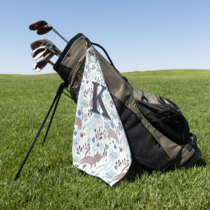 Serviette De Golf Motif de chat Whimsical, Monogramme gris bleu