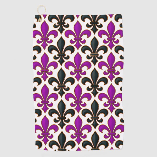 Serviette De Golf Motif de fleur de lis baroque noir violet  (Devant)