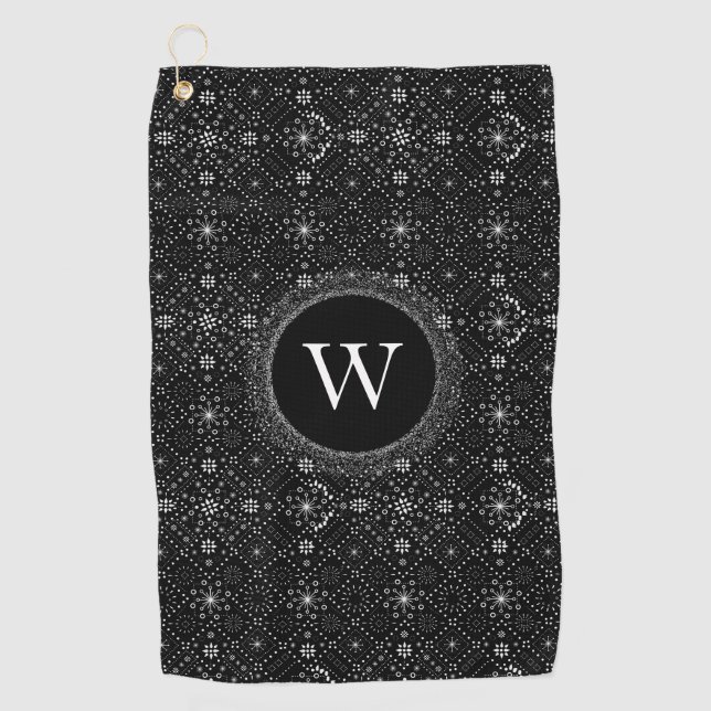 Serviette De Golf Motif de flocons de neige noir et blanc Monogramme (Devant)