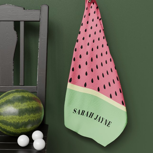 Serviette De Golf Motif de graines de pastèque moderne rose et vert (🍉Show off your love for this juicy fruit by adding your name. Get ready to hit the golf course! 🍉)