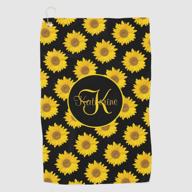 Serviette De Golf Motif de tournesol Monogramme jaune et noir (Devant)