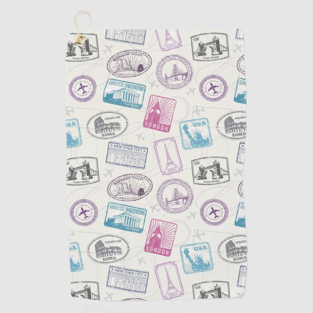 Serviette De Golf Motif des marques postales rétro célèbres (Devant)