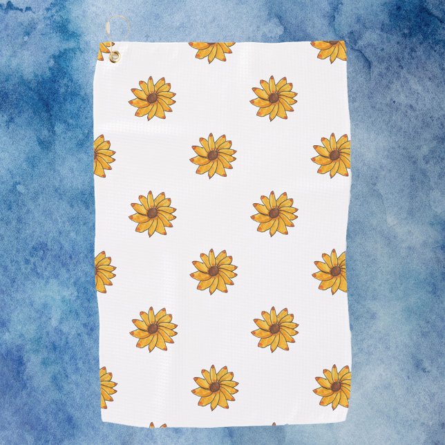 Serviette De Golf Motif du marqueur jaune tournesol (A golf towel with a pattern of hand drawn sunflowers.)