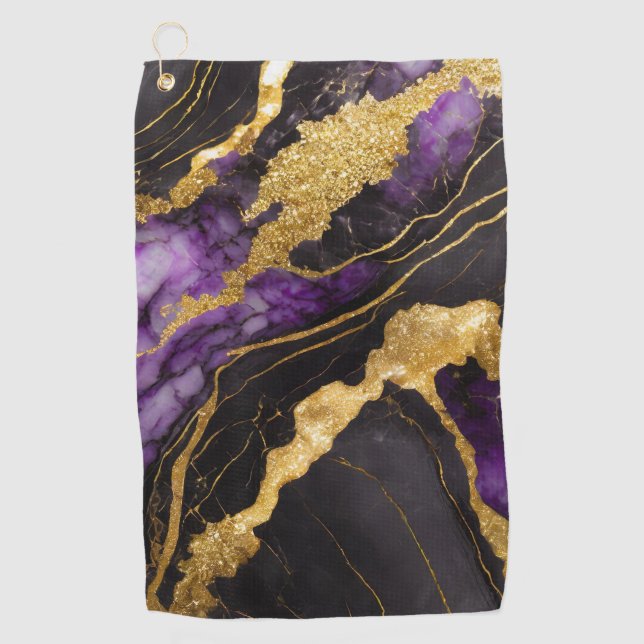 Serviette De Golf Motif en marbre noir pourpre avec or (Devant)