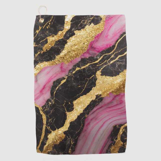 Serviette De Golf Motif en marbre rose noir avec or (Devant)