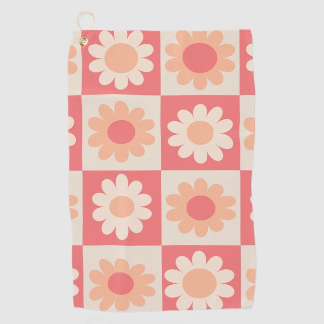Serviette De Golf Motif Fleurs Rétro Pêche Damier  (Devant)