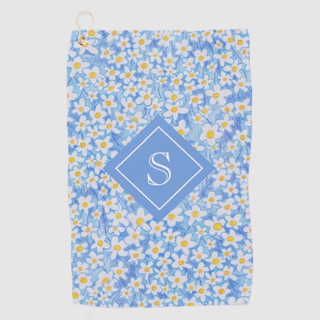 Serviette De Golf Motif floral bleu marais Monogramme (Devant)