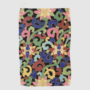 Serviette De Golf Motif floral de chinoiserie coloré sur fond noir