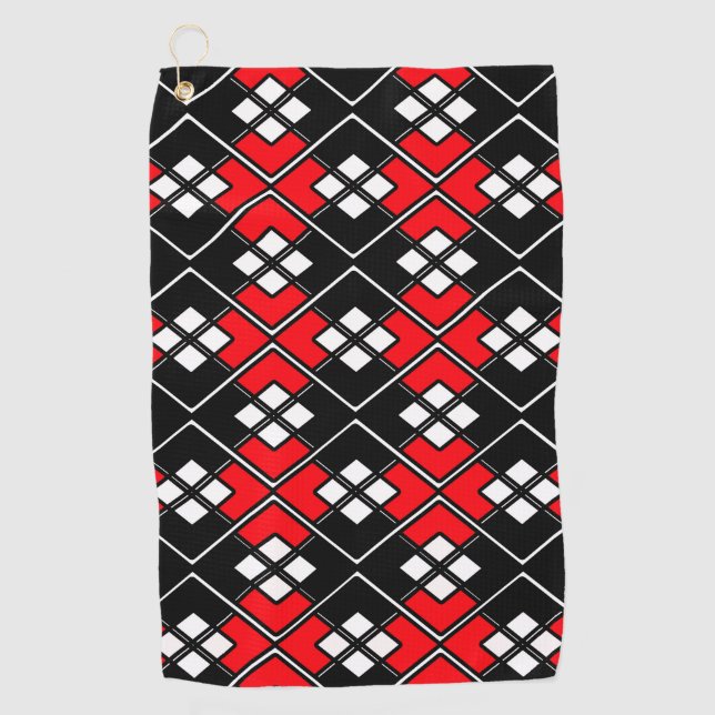Serviette De Golf motif géométrique Abstrait - rouge, noir et blanc. (Devant)