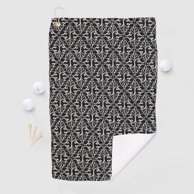 Serviette De Golf Motif noir noir Damas motif Fancy Scrolls (En situation)