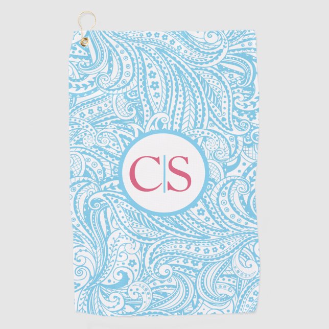 Serviette De Golf Motif Paisley Bleu et Mongram Rose (Devant)