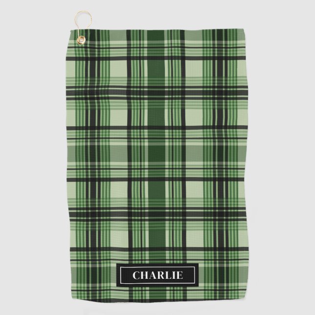 Serviette De Golf Motif Plaid Vert Et Noir Avec Nom Personnalisé (Devant)