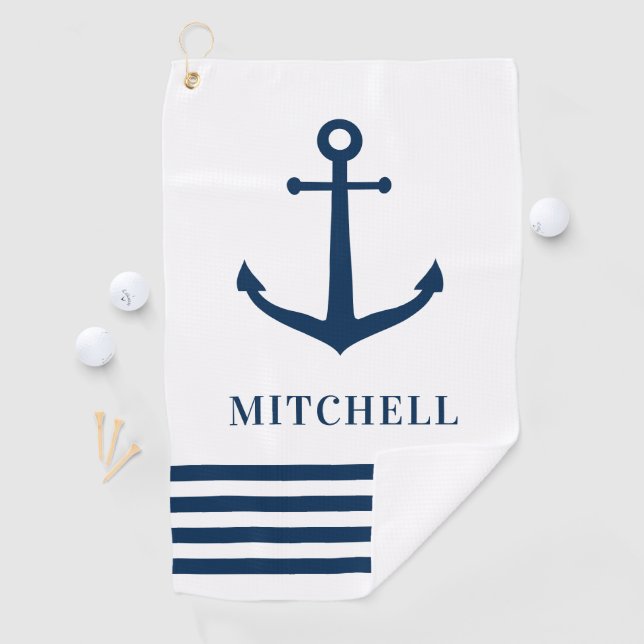 Serviette De Golf Nautical Navy White Nom personnalisé Ancre de bate (En situation)