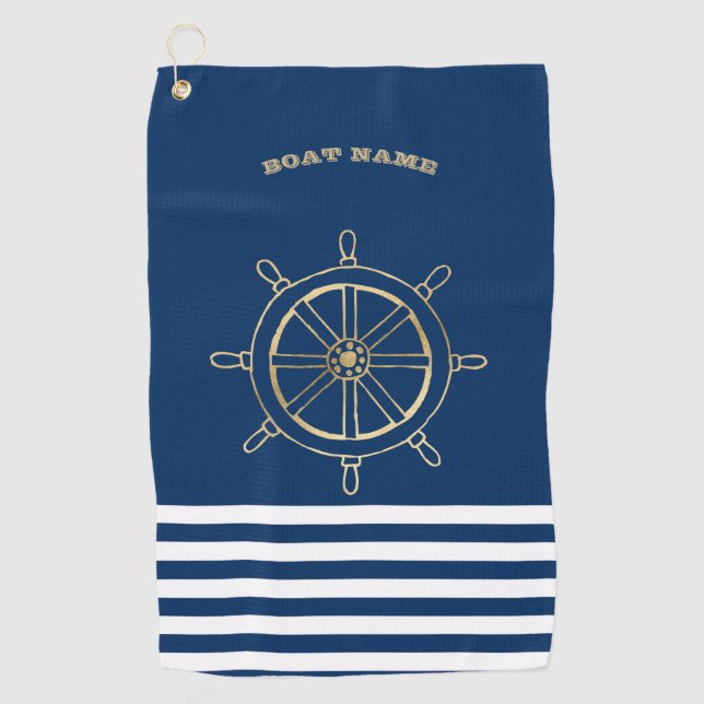 Serviette De Golf Nautique, Roue de bateau dorée, Rayures bleu marin (Devant)