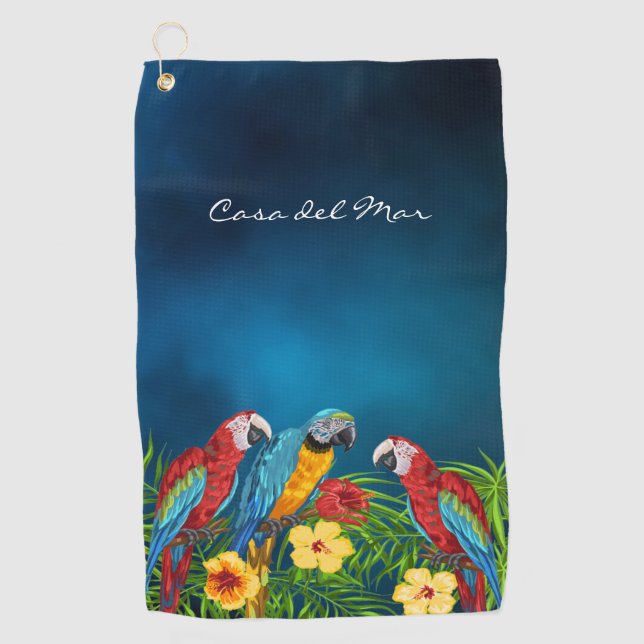 Serviette De Golf Navy blue parrots tropical house name (Devant)