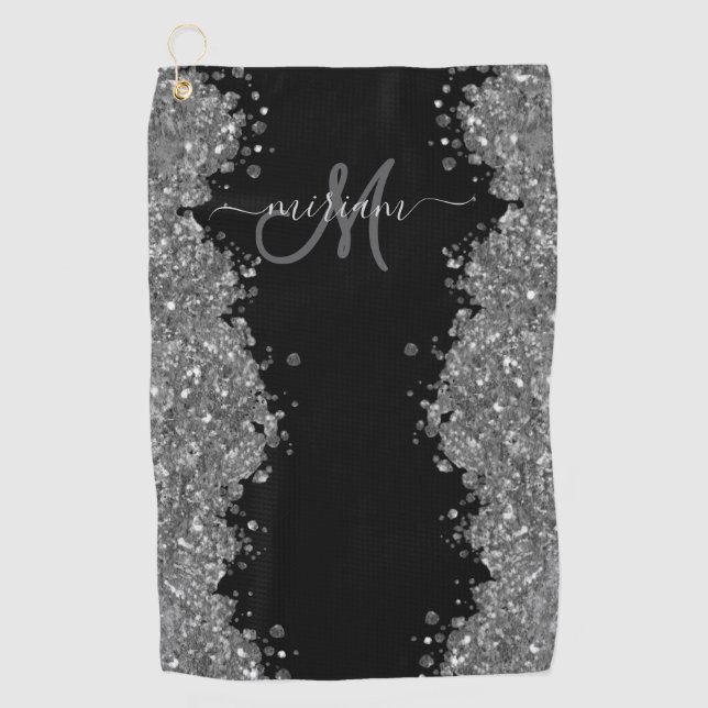 Serviette De Golf Noir Argent Pailleté Gris Monogramme Moderne (Devant)