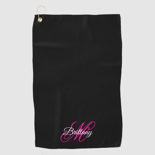 Serviette De Golf Noir blanc et rose chaud Script fantaisie Monogram (Devant)