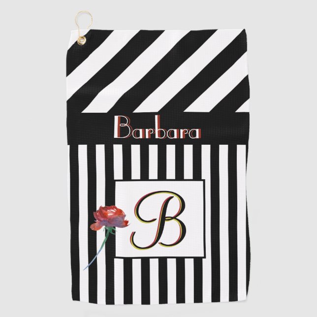 Serviette De Golf Noir Blanc Stripes un Rose 3 Couleur Monogramme (Devant)