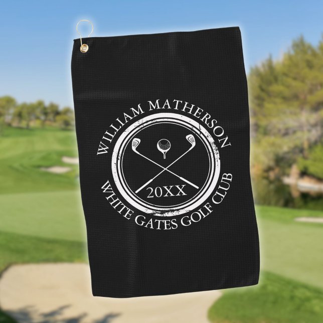 Serviette De Golf Noir et blanc Golfeur et nom du club Date (Black and White Golfer's And Club Name Date Golf Towel)