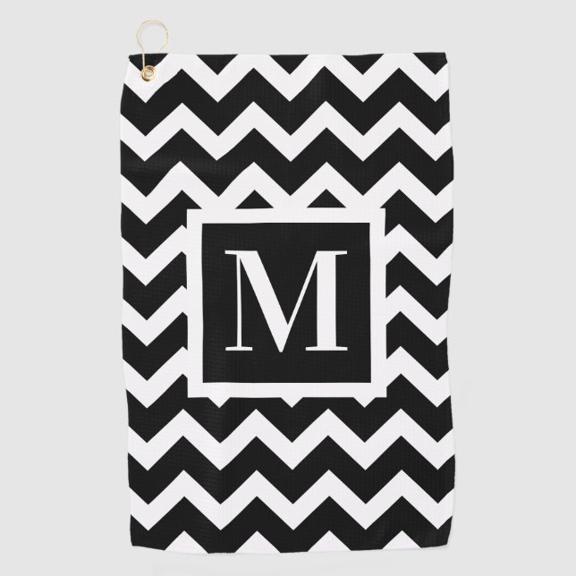 Serviette De Golf Noir et blanc Moderne Elégant Zigzag Monogramme (Devant)