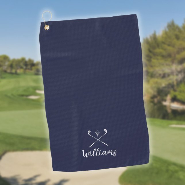 Serviette De Golf Nom de club de golf personnalisé en bleu marine (Custom Script Name Golf Clubs Navy Blue Golf Towel)