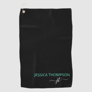 Serviette De Golf Nom de monogramme élégant moderne sarcelle noir pe