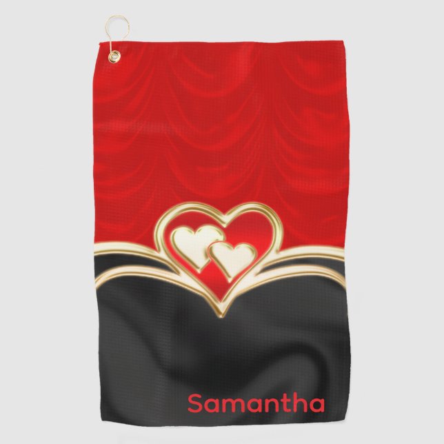 Serviette De Golf Nom de monogramme personnalisé rouge noir et or él (Devant)