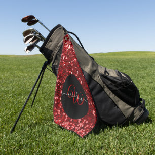 Serviette De Golf Nom de parties scintillant rouge monogramme élégan
