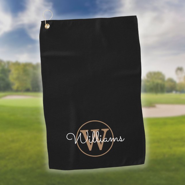 Serviette De Golf Nom de script de monogramme personnalisé noir et o (Créateur téléchargé)