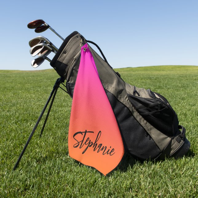 Serviette De Golf Nom de script ombré rose magenta chaud orange vif (Vert)