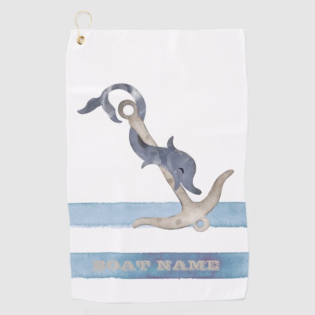 Serviette De Golf Nom du bateau, Ancre Dauphin Rayures Bleu Clair (Devant)