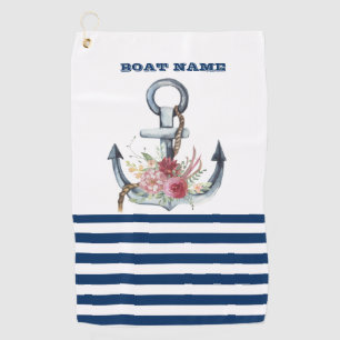 Serviette De Golf Nom du bateau, Fleurs d'ancre rayures bleu marine