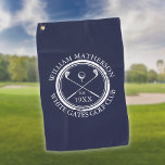 Serviette De Golf Nom du club de golf personnalisé Marine Blue<br><div class="desc">Dotés d'un club de golf classique traversé et d'un design de balle de golf, et d'une bordure à effet de tampon, ces serviettes de golf sont idéales pour tous les clubs de golf et les membres du club de golf. Personnalisez avec le nom du membre du club, le nom du...</div>