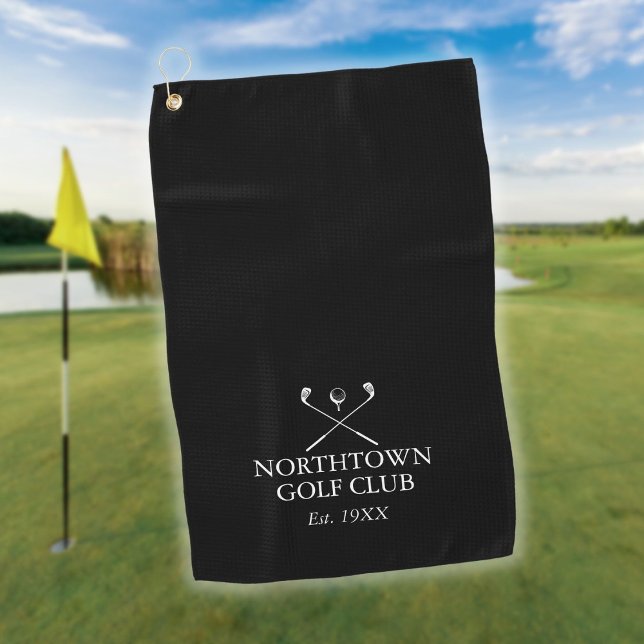 Serviette De Golf Nom Du Club De Golf Personnalisé Noir Et Blanc (Personalized Golf Club Name Black And White Golf Towel)
