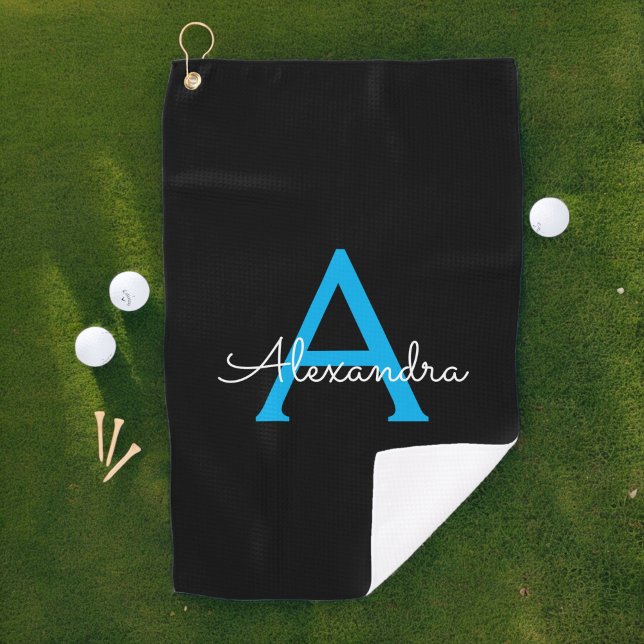 Serviette De Golf Nom du monogramme de la fille en noir bleu (Créateur téléchargé)