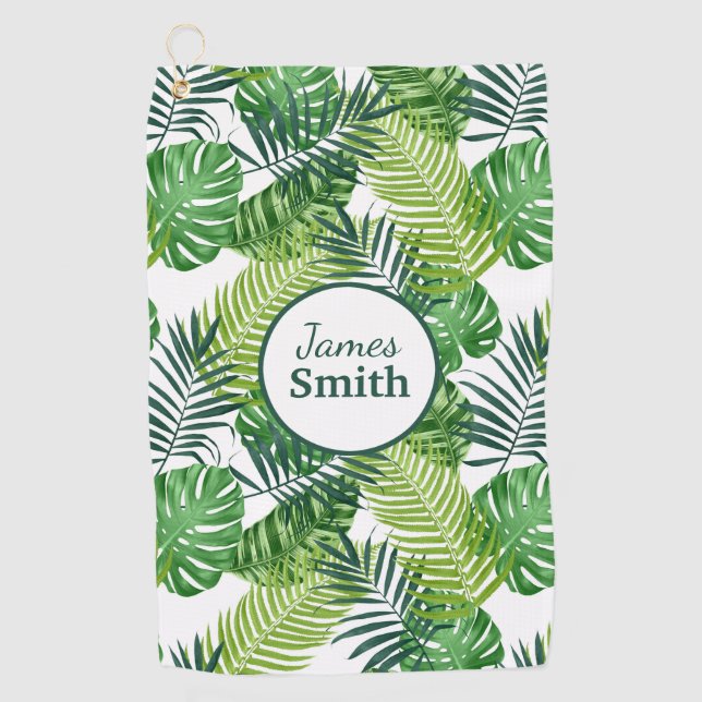 Serviette De Golf Nom du monogramme des Feuilles tropicaux verts (Devant)