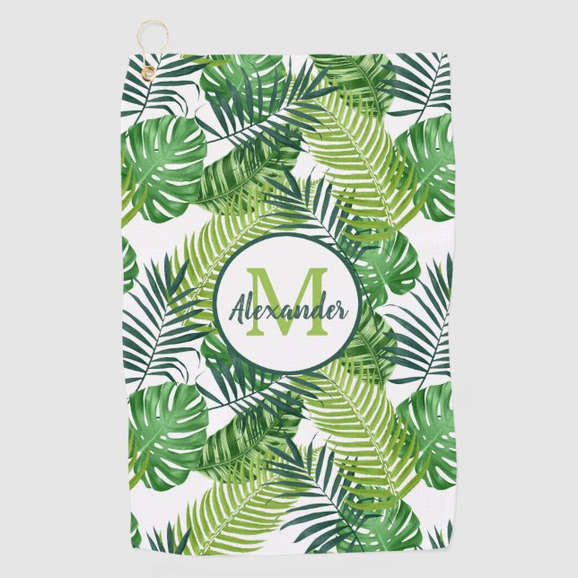 Serviette De Golf Nom du monogramme des Feuilles tropicaux verts (Devant)