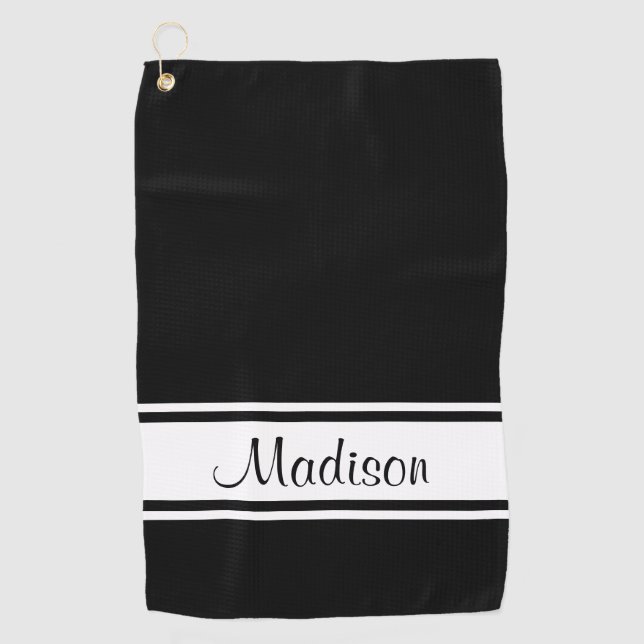Serviette De Golf Nom du script de bande blanche noire solide (Devant)