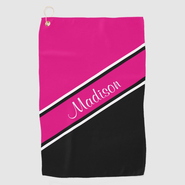 Serviette De Golf Nom du script de bande diagonale noire rose chaud (Devant)
